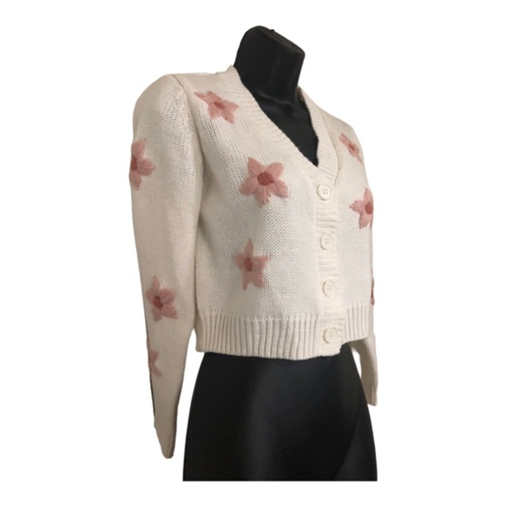 Jessica Simpson offwhite embroidered pink flower cardigan sweater size medium‎